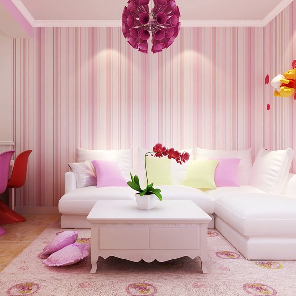 Brilian Ide Desain Wallpaper Dinding Ruang Tamu Minimalis Pink Motif Garis Garis Vertikal Elegan Mempesona Cantik Mewah