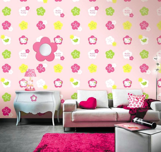Cantik Ide Desain Wallpaper Dinding Ruang Tamu Minimalis Motif Hello Kitty Warna Pink Nyaman Elegan Mempesona Mewah Terbaru