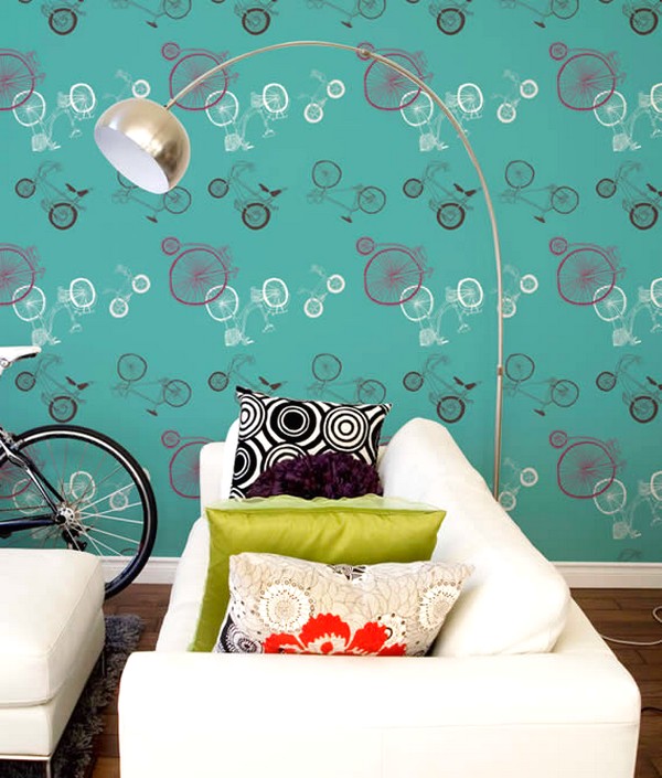 Ide Idaman Desain Wallpaper Dinding Ruang Tamu Minimalis Motif Sepeda Warna Biru Elegan Mempesona Cantik Mewah Terbaru
