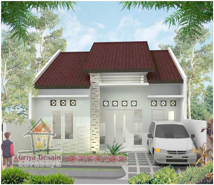 Brilian model desain rumah minimalis 1 lantai mewah nyaman elegan full putih tampak depan dengan genteng cokelat terbaru