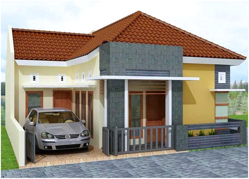Model desain rumah minimalis 1 lantai mewah nyaman elegan warna krem dan kuning orange terbaik
