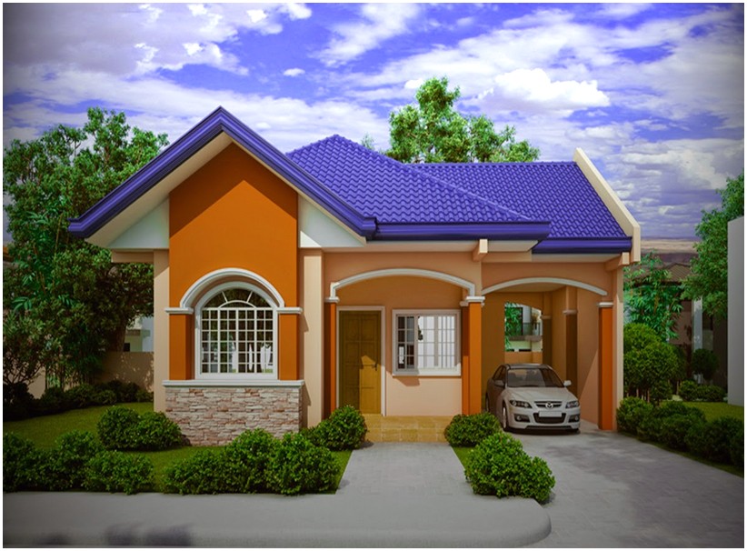 Model desain rumah minimalis 1 lantai mewah nyaman elegan warna orange tampak depan genteng biru