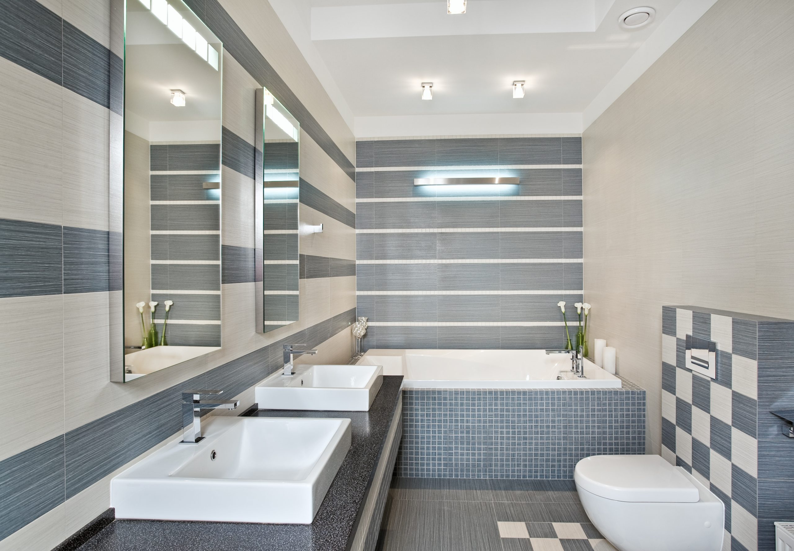 Modern Bathroom In Blue And Gray Tones With Mosaic